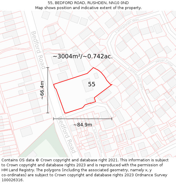 55, BEDFORD ROAD, RUSHDEN, NN10 0ND: Plot and title map