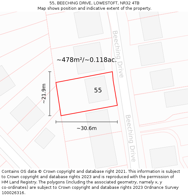 55, BEECHING DRIVE, LOWESTOFT, NR32 4TB: Plot and title map
