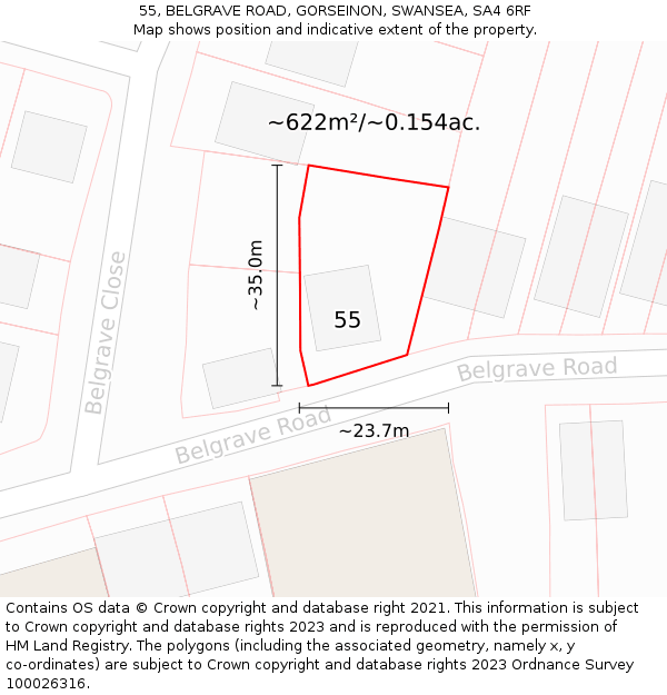 55, BELGRAVE ROAD, GORSEINON, SWANSEA, SA4 6RF: Plot and title map