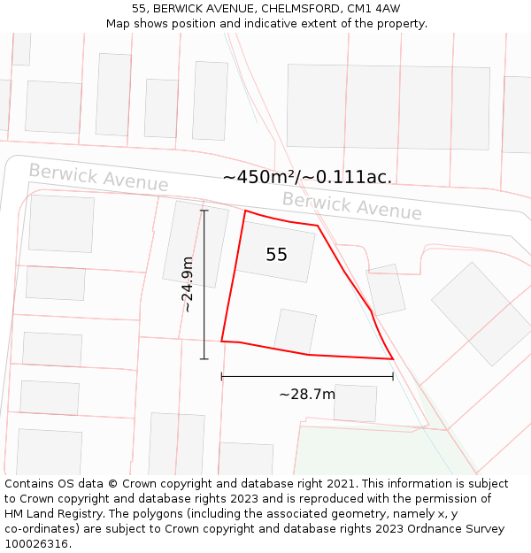 55, BERWICK AVENUE, CHELMSFORD, CM1 4AW: Plot and title map