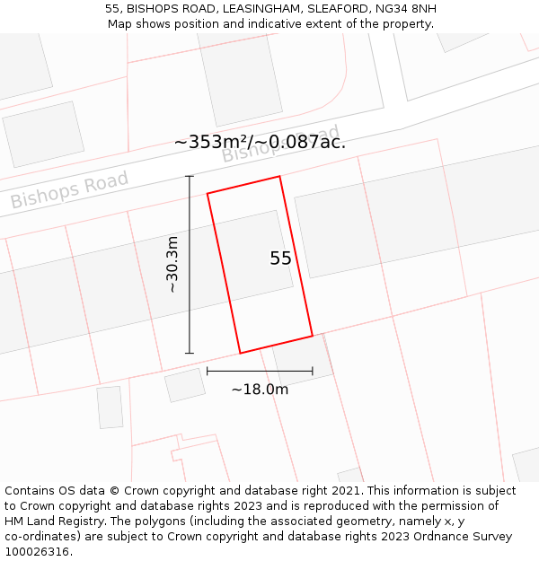 55, BISHOPS ROAD, LEASINGHAM, SLEAFORD, NG34 8NH: Plot and title map