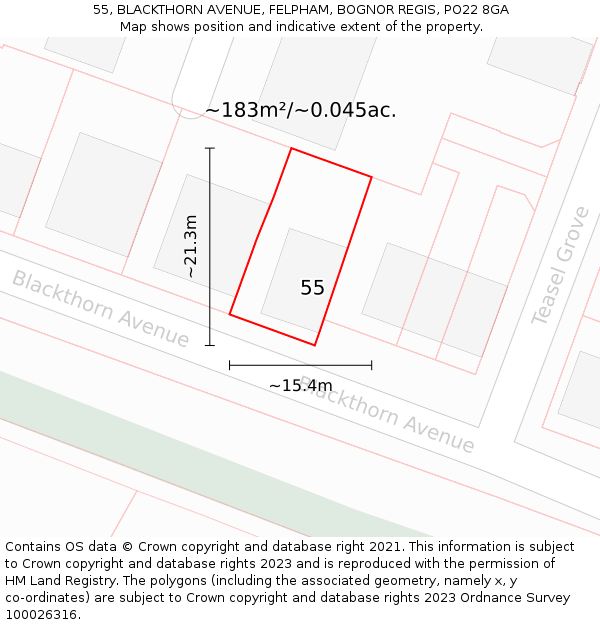 55, BLACKTHORN AVENUE, FELPHAM, BOGNOR REGIS, PO22 8GA: Plot and title map