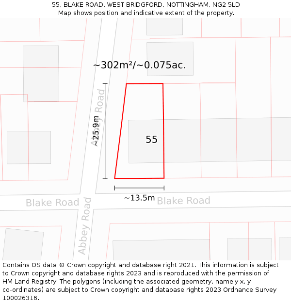 55, BLAKE ROAD, WEST BRIDGFORD, NOTTINGHAM, NG2 5LD: Plot and title map