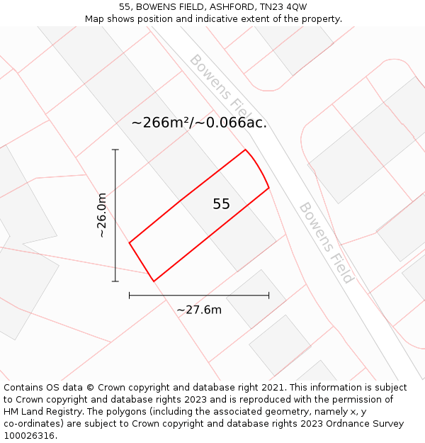 55, BOWENS FIELD, ASHFORD, TN23 4QW: Plot and title map