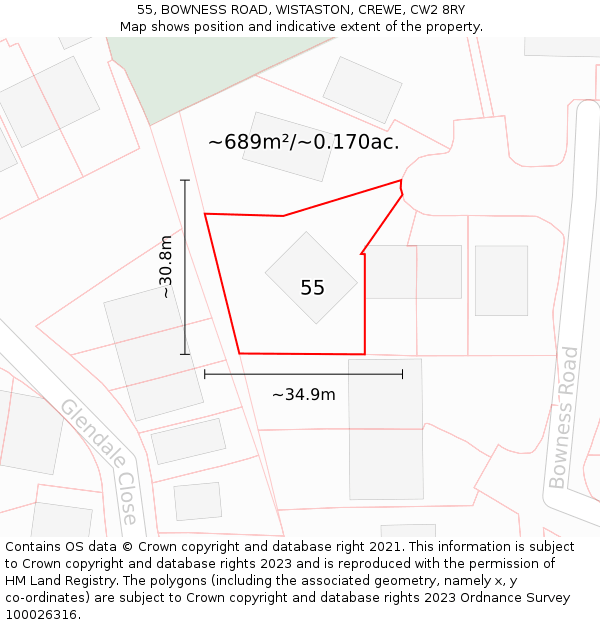 55, BOWNESS ROAD, WISTASTON, CREWE, CW2 8RY: Plot and title map