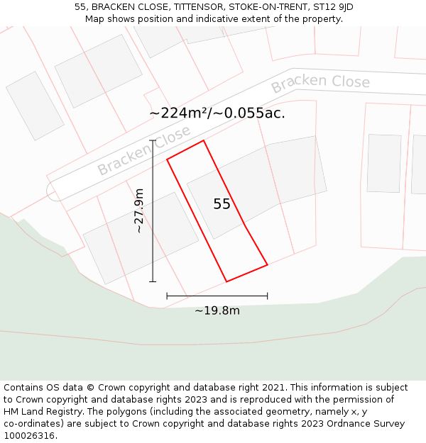 55, BRACKEN CLOSE, TITTENSOR, STOKE-ON-TRENT, ST12 9JD: Plot and title map