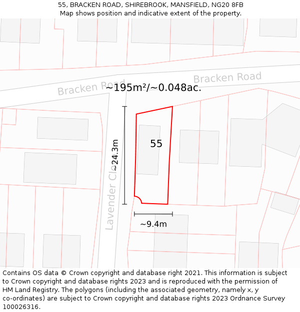 55, BRACKEN ROAD, SHIREBROOK, MANSFIELD, NG20 8FB: Plot and title map