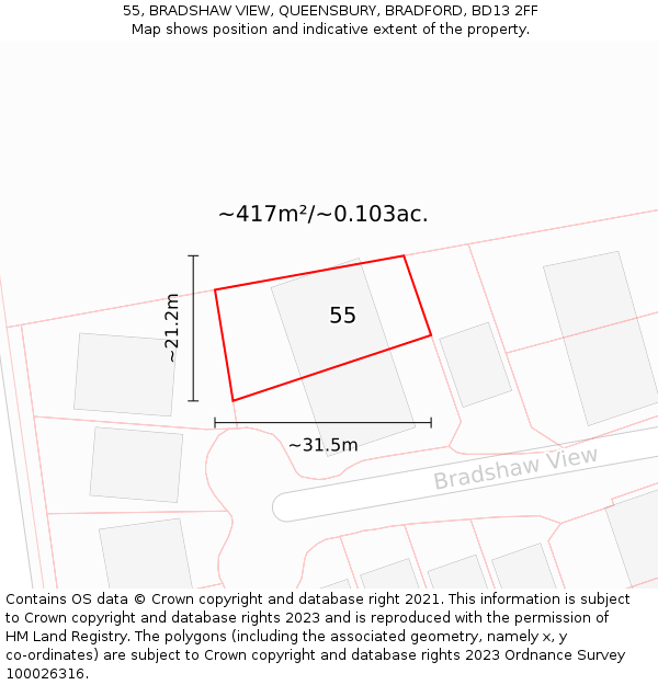 55, BRADSHAW VIEW, QUEENSBURY, BRADFORD, BD13 2FF: Plot and title map