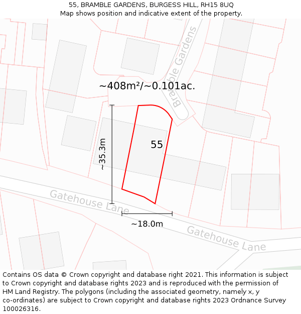 55, BRAMBLE GARDENS, BURGESS HILL, RH15 8UQ: Plot and title map