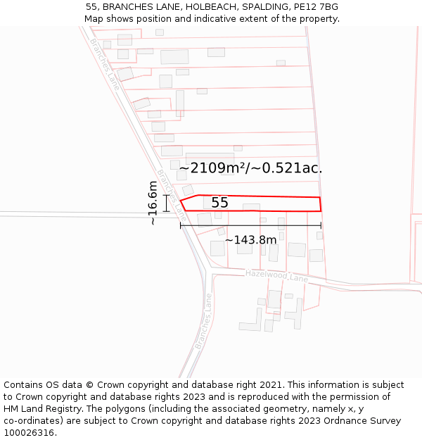 55, BRANCHES LANE, HOLBEACH, SPALDING, PE12 7BG: Plot and title map