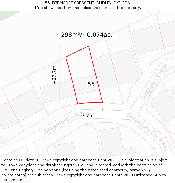 55, BREAMORE CRESCENT, DUDLEY, DY1 3DA: Plot and title map