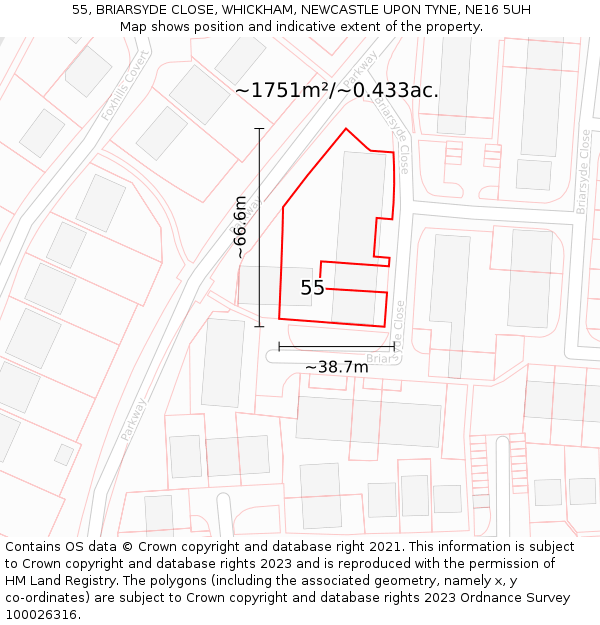 55, BRIARSYDE CLOSE, WHICKHAM, NEWCASTLE UPON TYNE, NE16 5UH: Plot and title map