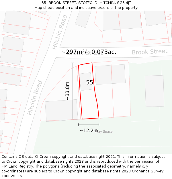 55, BROOK STREET, STOTFOLD, HITCHIN, SG5 4JT: Plot and title map