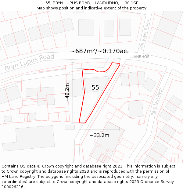 55, BRYN LUPUS ROAD, LLANDUDNO, LL30 1SE: Plot and title map