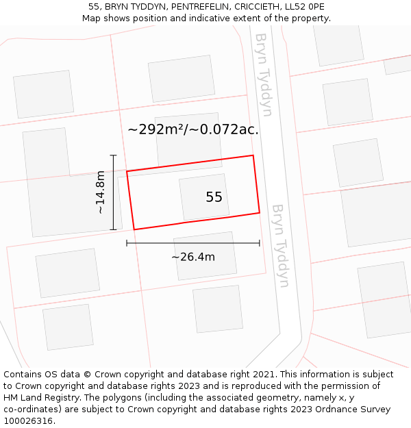 55, BRYN TYDDYN, PENTREFELIN, CRICCIETH, LL52 0PE: Plot and title map