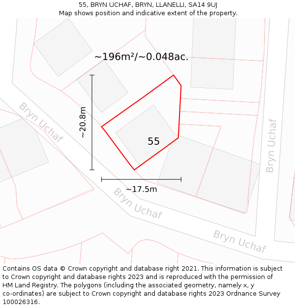 55, BRYN UCHAF, BRYN, LLANELLI, SA14 9UJ: Plot and title map