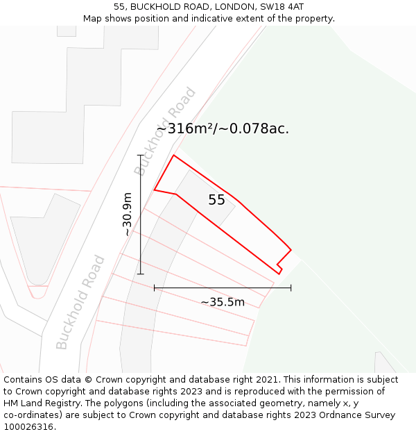 55, BUCKHOLD ROAD, LONDON, SW18 4AT: Plot and title map