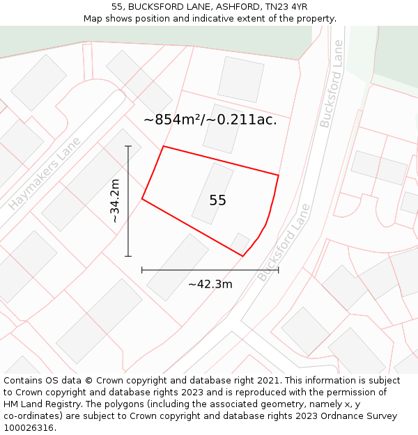 55, BUCKSFORD LANE, ASHFORD, TN23 4YR: Plot and title map