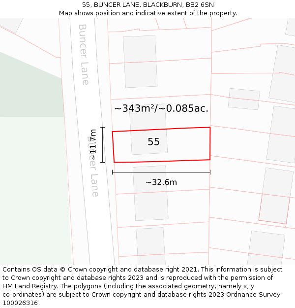 55, BUNCER LANE, BLACKBURN, BB2 6SN: Plot and title map