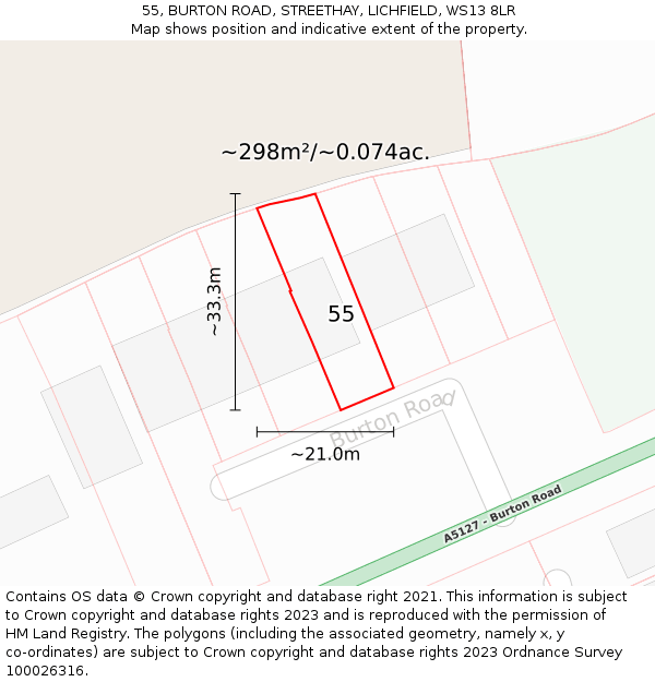 55, BURTON ROAD, STREETHAY, LICHFIELD, WS13 8LR: Plot and title map