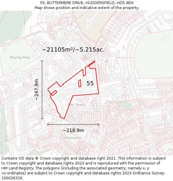 55, BUTTERMERE DRIVE, HUDDERSFIELD, HD5 9EN: Plot and title map