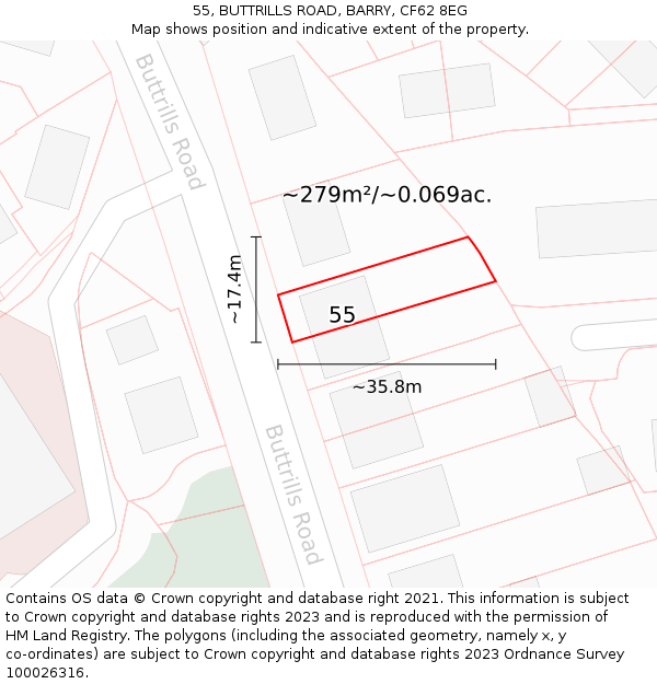 55, BUTTRILLS ROAD, BARRY, CF62 8EG: Plot and title map