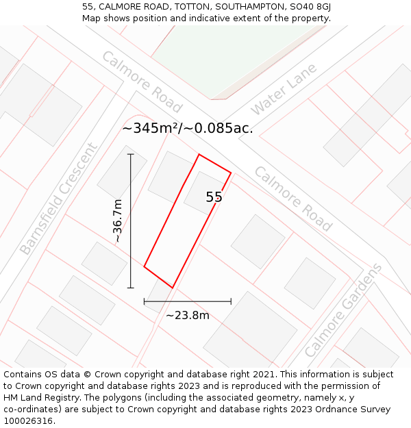 55, CALMORE ROAD, TOTTON, SOUTHAMPTON, SO40 8GJ: Plot and title map