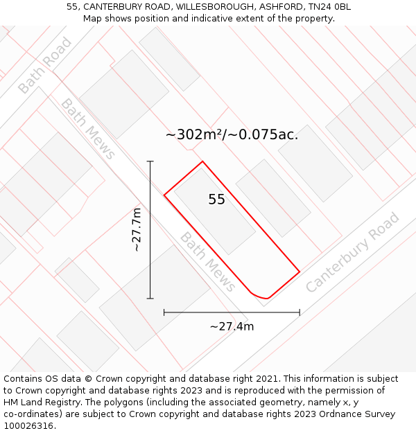 55, CANTERBURY ROAD, WILLESBOROUGH, ASHFORD, TN24 0BL: Plot and title map