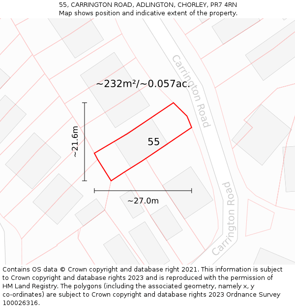 55, CARRINGTON ROAD, ADLINGTON, CHORLEY, PR7 4RN: Plot and title map