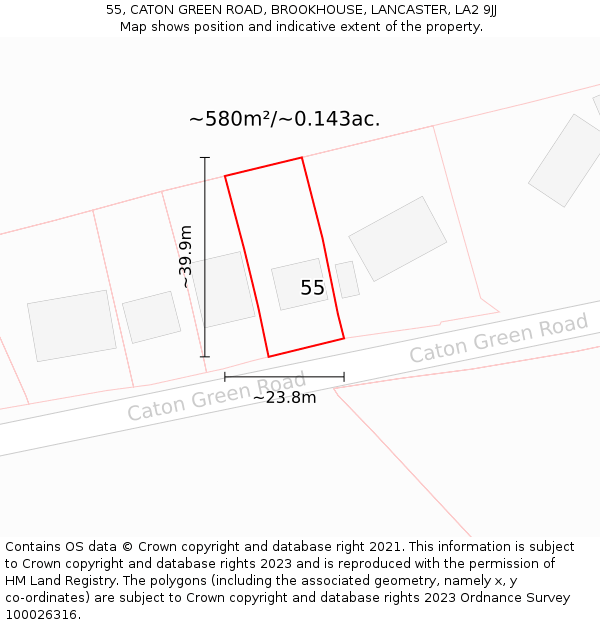 55, CATON GREEN ROAD, BROOKHOUSE, LANCASTER, LA2 9JJ: Plot and title map