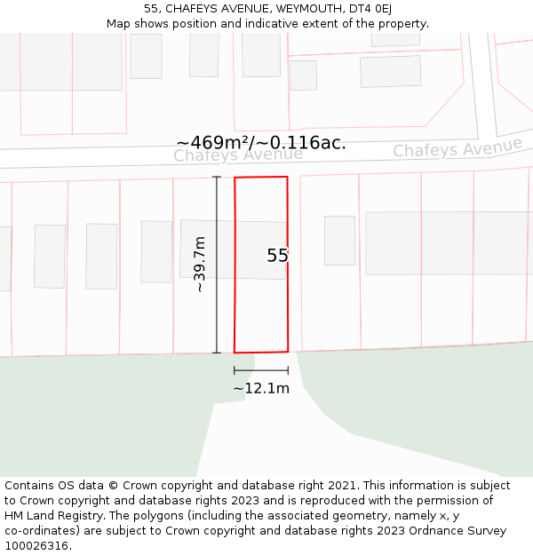 55, CHAFEYS AVENUE, WEYMOUTH, DT4 0EJ: Plot and title map