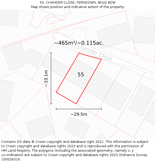 55, CHANDER CLOSE, FERNDOWN, BH22 8DW: Plot and title map