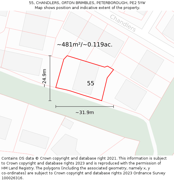 55, CHANDLERS, ORTON BRIMBLES, PETERBOROUGH, PE2 5YW: Plot and title map