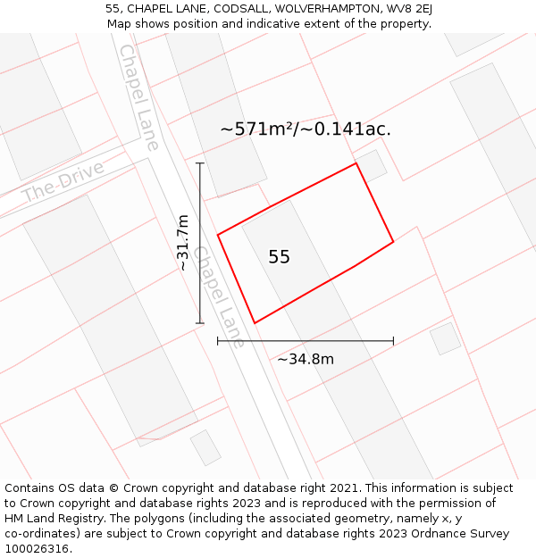 55, CHAPEL LANE, CODSALL, WOLVERHAMPTON, WV8 2EJ: Plot and title map