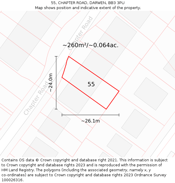 55, CHAPTER ROAD, DARWEN, BB3 3PU: Plot and title map