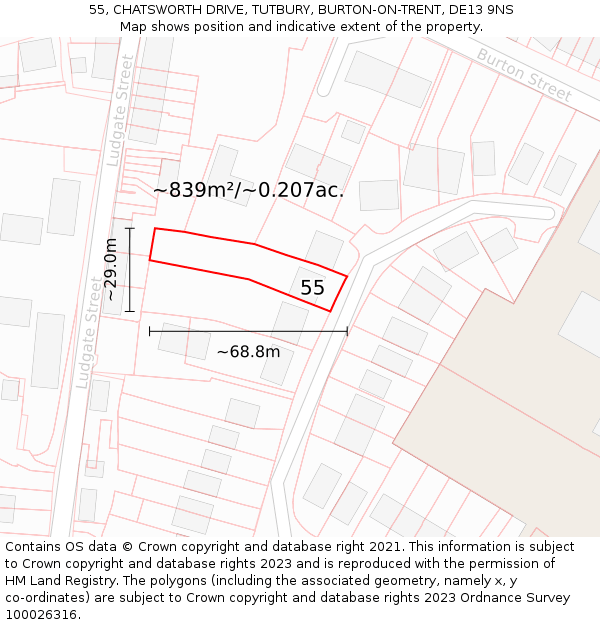 55, CHATSWORTH DRIVE, TUTBURY, BURTON-ON-TRENT, DE13 9NS: Plot and title map