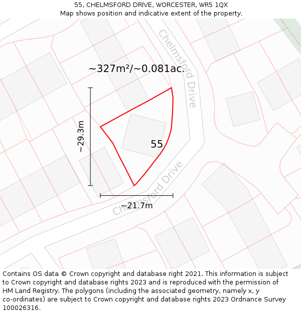 55, CHELMSFORD DRIVE, WORCESTER, WR5 1QX: Plot and title map