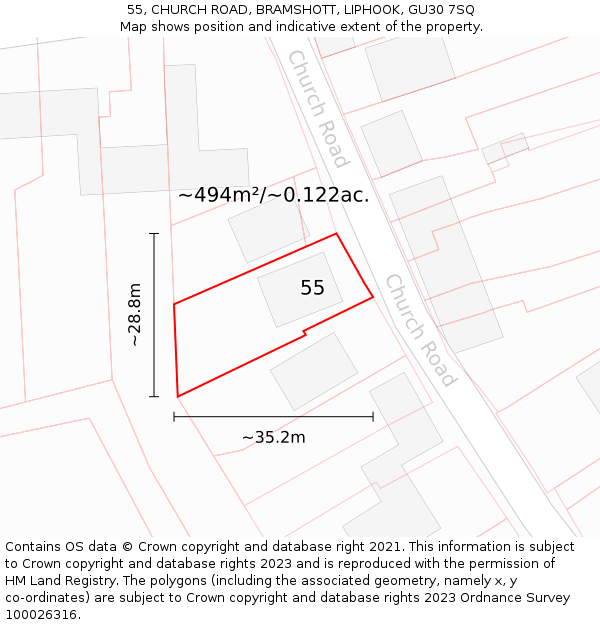 55, CHURCH ROAD, BRAMSHOTT, LIPHOOK, GU30 7SQ: Plot and title map