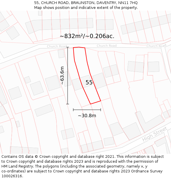 55, CHURCH ROAD, BRAUNSTON, DAVENTRY, NN11 7HQ: Plot and title map