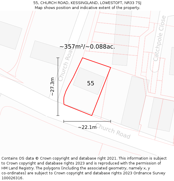 55, CHURCH ROAD, KESSINGLAND, LOWESTOFT, NR33 7SJ: Plot and title map