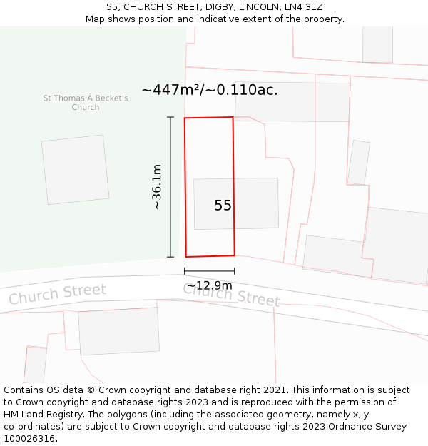 55, CHURCH STREET, DIGBY, LINCOLN, LN4 3LZ: Plot and title map