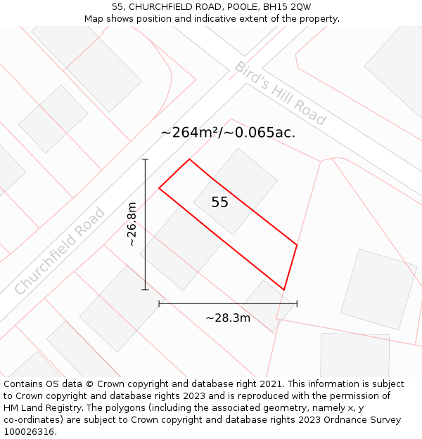 55, CHURCHFIELD ROAD, POOLE, BH15 2QW: Plot and title map