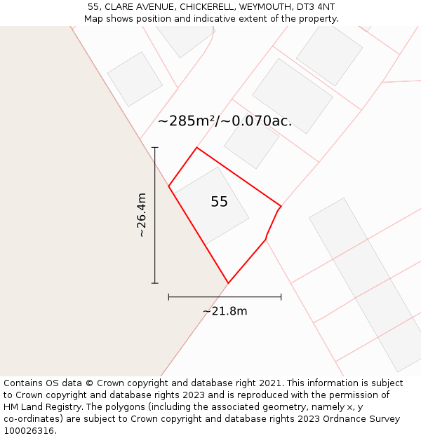 55, CLARE AVENUE, CHICKERELL, WEYMOUTH, DT3 4NT: Plot and title map