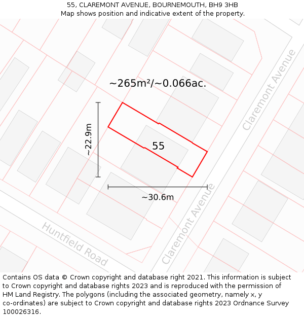 55, CLAREMONT AVENUE, BOURNEMOUTH, BH9 3HB: Plot and title map