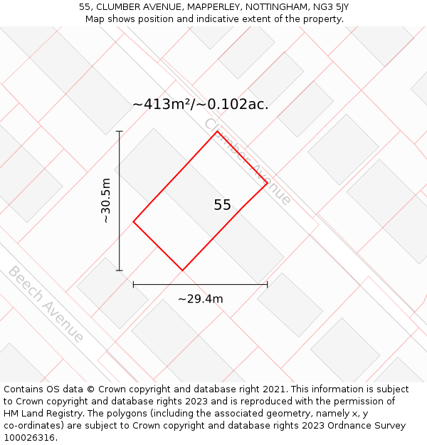 55, CLUMBER AVENUE, MAPPERLEY, NOTTINGHAM, NG3 5JY: Plot and title map