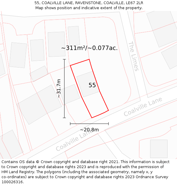 55, COALVILLE LANE, RAVENSTONE, COALVILLE, LE67 2LR: Plot and title map