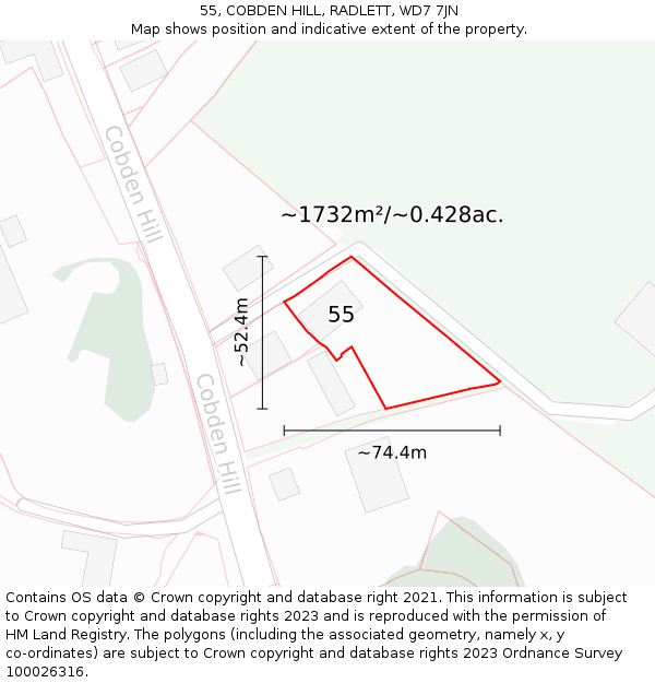 55, COBDEN HILL, RADLETT, WD7 7JN: Plot and title map