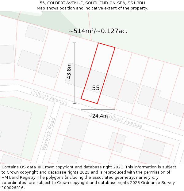 55, COLBERT AVENUE, SOUTHEND-ON-SEA, SS1 3BH: Plot and title map