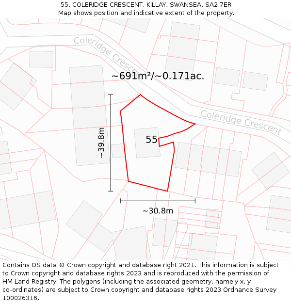 55, COLERIDGE CRESCENT, KILLAY, SWANSEA, SA2 7ER: Plot and title map