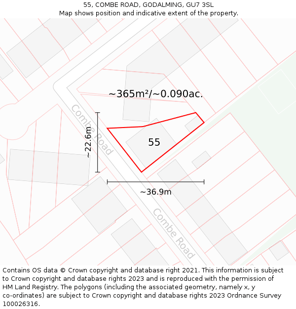 55, COMBE ROAD, GODALMING, GU7 3SL: Plot and title map